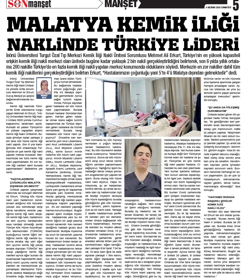 Malatya kemik iliği naklinde Türkiye lideri
